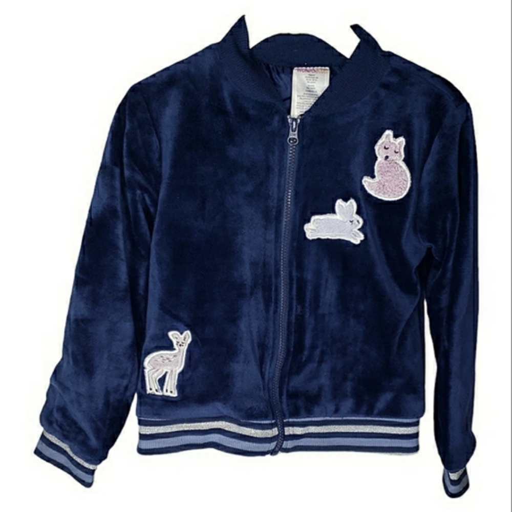 Vtg Wonder Kids Velour Track Jacket Appliqued Animals Bunny Striped Ribbed Hem